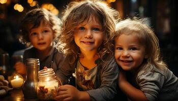 ai generado sonriente niños jugando al aire libre, disfrutando naturaleza, unión en unión generado por ai foto