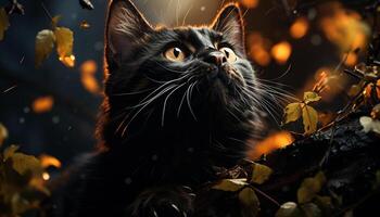AI generated Cute kitten sitting on branch, playful in autumn forest generated by AI photo
