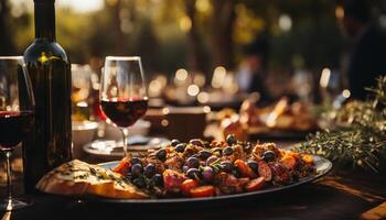 AI generated Gourmet meal outdoors, celebration of wine, fresh meat, healthy eating generated by AI photo
