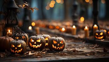 ai generado brillante calabaza linterna ilumina escalofriante Víspera de Todos los Santos celebracion a noche generado por ai foto