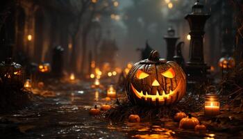 AI generated Spooky Halloween night, glowing pumpkin lanterns illuminate the dark generated by AI photo