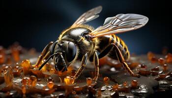ai generado pequeño abeja polinizando amarillo flores en naturaleza cerca arriba macro generado por ai foto