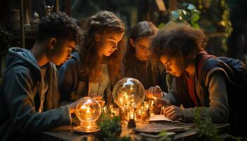 ai generado niños sonriente, aprendizaje al aire libre, unión en naturaleza, disfrutando educación generado por ai foto