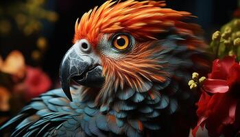 AI generated Majestic macaw perching on branch, vibrant feathers in tropical rainforest generated by AI photo