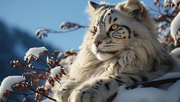 ai generado linda Tigre gatito mirando a cámara en Nevado bosque generado por ai foto
