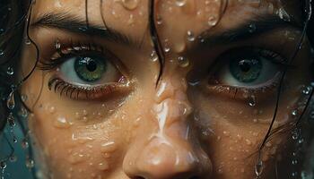 ai generado un sonriente mujer, mojado con gotas de lluvia, mirando a el cámara generado por ai foto