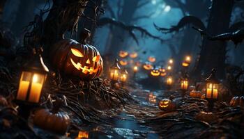 AI generated Spooky night, glowing pumpkin, autumn celebration, evil Halloween party generated by AI photo