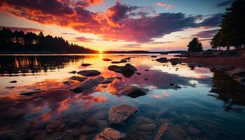 ai generado tranquilo escena puesta de sol terminado agua, reflejando belleza en naturaleza generado por ai foto