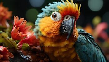 AI generated Cute macaw perching on branch, eating in vibrant tropical rainforest generated by AI photo