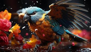 AI generated Majestic macaw perching on branch, vibrant feathers in tropical forest generated by AI photo