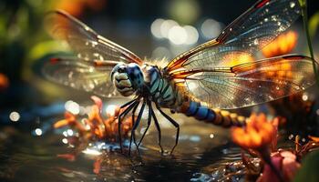 AI generated A vibrant butterfly flies over a wet pond in summer generated by AI photo
