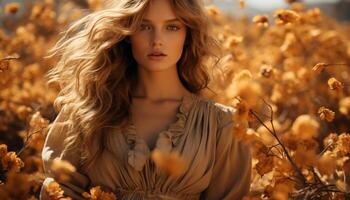 AI generated Young woman in nature, smiling, looking at camera, autumn beauty generated by AI photo