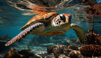 AI generated Large green sea turtle swimming in the colorful coral reef generated by AI photo