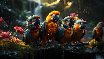 AI generated Vibrant macaws perching on branches, showcasing nature colorful beauty generated by AI photo