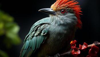 AI generated A majestic macaw perching on a branch, its vibrant feathers generated by AI photo