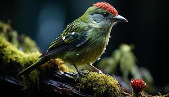 AI generated Vibrant bird perching on branch, surrounded by colorful nature generated by AI photo