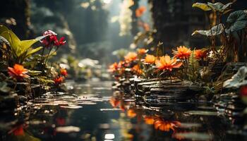 ai generado un vibrante flor cabeza refleja en un tranquilo estanque generado por ai foto
