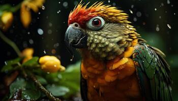 AI generated Vibrant macaw perching on branch, looking at camera in rainforest generated by AI photo