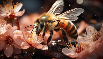 ai generado un ocupado abeja poliniza un amarillo flor en naturaleza generado por ai foto