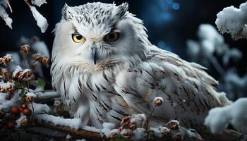 AI generated Snowy owl perching on branch, staring with piercing yellow eyes generated by AI photo