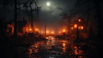 AI generated Spooky autumn night, dark forest, moonlight illuminates eerie mystery generated by AI photo