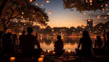 ai generado grupo de personas disfrutando un puesta de sol fiesta al aire libre por el agua generado por ai foto