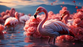 ai generado vibrante rosado flamencos en pie en un tranquilo africano puesta de sol generado por ai foto