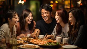 ai generado joven adultos de varios etnias disfrutando un alegre cena fiesta generado por ai foto