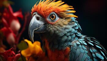 AI generated A vibrant, multi colored macaw perching on a branch in nature generated by AI photo