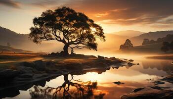 AI generated Silhouette of tree reflects tranquil sunset on water surface generated by AI photo