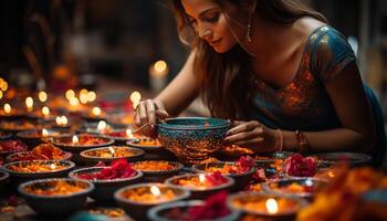 ai generado joven mujer participación un brillante vela, celebrando indio cultura generado por ai foto