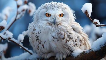 ai generado águila búho encaramado en Nevado rama, curioso a cámara generado por ai foto