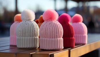 ai generado calentar invierno Moda lana gorra en rosa, tejer sombrero colección generado por ai foto