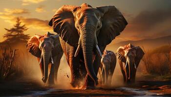 AI generated Large African elephant herd walking in the sunset on savannah generated by AI photo