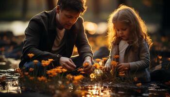 ai generado un contento familia disfruta naturaleza, unión y sonriente juntos generado por ai foto