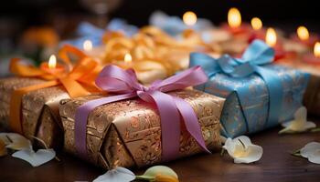 AI generated A gift box wrapped in shiny gold paper illuminates love generated by AI photo