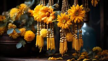 AI generated Autumn bouquet yellow sunflowers, dried leaves, nature vibrant gift generated by AI photo