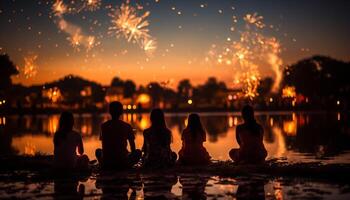 AI generated Group of people enjoying a fun summer night outdoors generated by AI photo