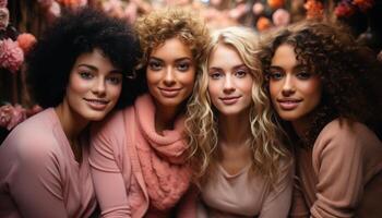 ai generado sonriente mujer, felicidad, alegre, amistad, mirando a cámara, hembras generado por ai foto