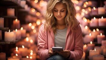 AI generated Young woman smiling, holding phone, reading, surrounded by candlelight generated by AI photo