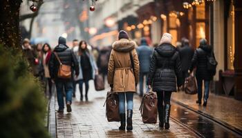 ai generado grupo de personas caminando en concurrido ciudad, borroso movimiento a noche generado por ai foto