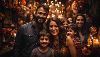 ai generado un contento familia disfrutando un festivo celebracion al aire libre, sonriente juntos generado por ai foto