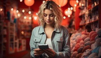 ai generado joven mujer sonriente, participación teléfono, disfrutando ciudad luces a noche generado por ai foto