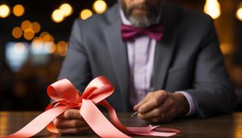 AI generated A businessman in a suit holds a gift, preparing for celebration generated by AI photo