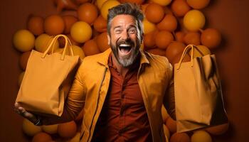 AI generated A cheerful man holding a shopping bag, smiling with confidence generated by AI photo
