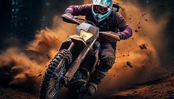 ai generado hombres montando motos en un suciedad carrera, extremo deporte aventuras generado por ai foto