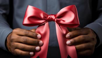 AI generated A businessman holding a gift, tying a bow with love generated by AI photo