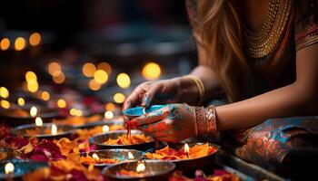 ai generado mujer celebrando hindú festival con brillante velas, mano decoraciones, y amor generado por ai foto