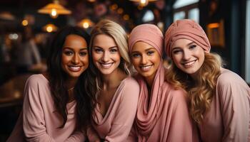 AI generated Young women smiling, looking at camera, enjoying indoor celebration generated by AI photo