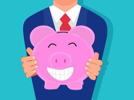 holding a piggy bank is happy. Isolated on the background. vector